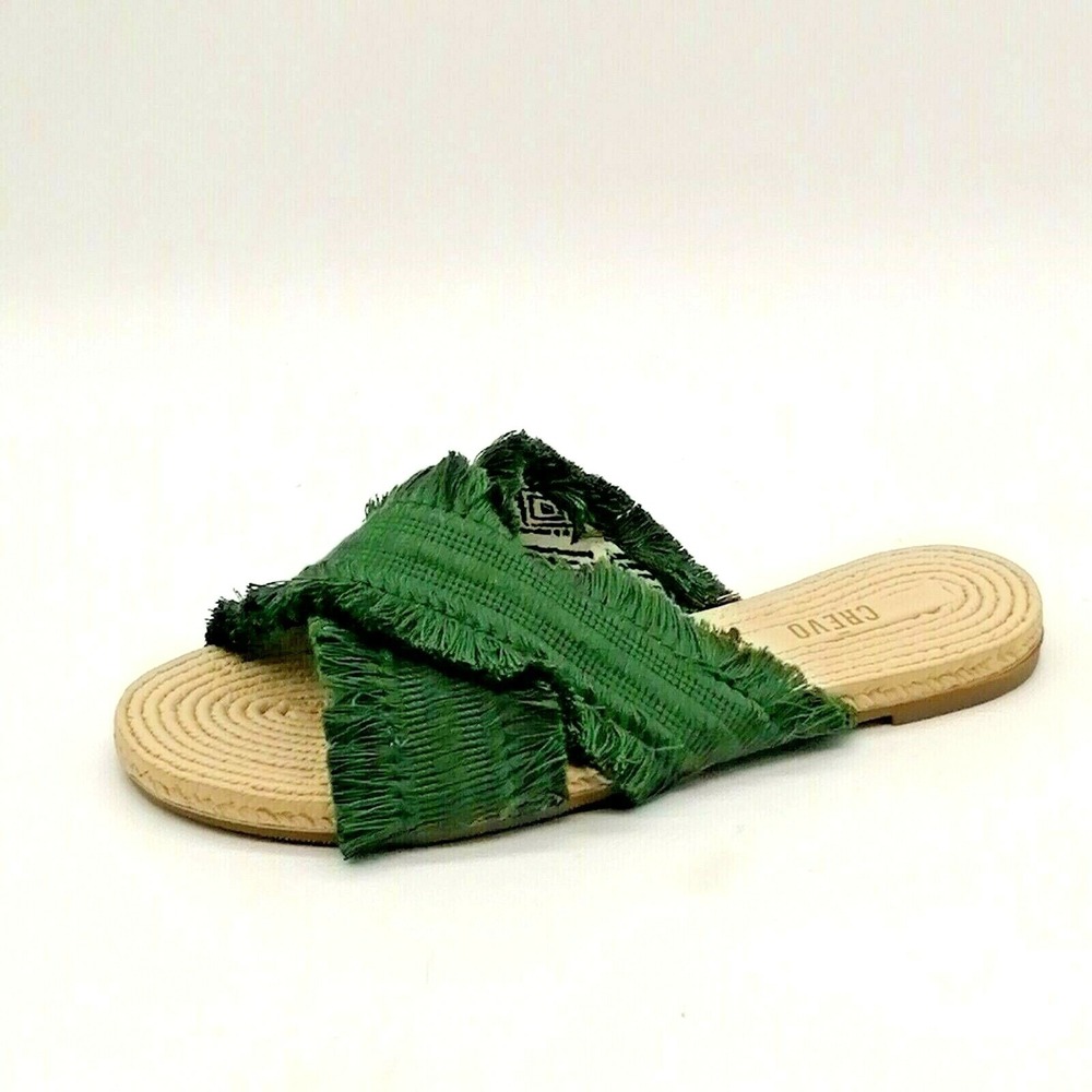 Crevo Shoes Womens Monroe Frayed Slide Sandals Green Fabric Flat Heel 6 NEW